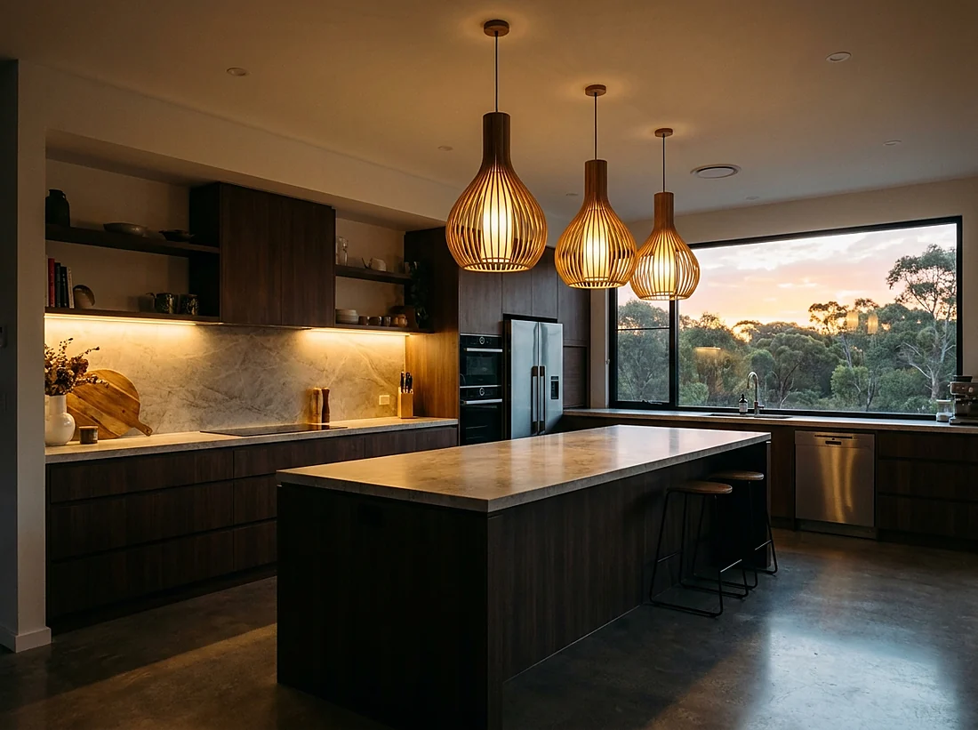 Modern kitchen with pendant and under-cabinet lighting